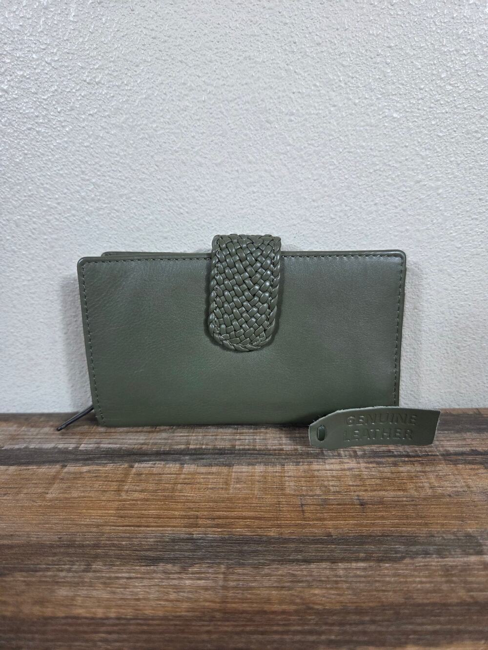 Green Genuine Leather NWOT Woven Strap Wallet